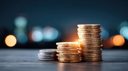 Stacks of coins representing financial growth against a blurred city backdrop.