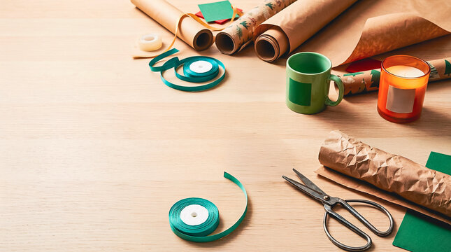 Christmas gift wrapping station with kraft paper and green ribbons on wooden table