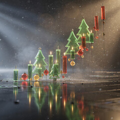 Futuristic 3D Christmas-themed stock market scene with glowing red and green elements, snowfall, holographic light, and cinematic winter atmosphere. AI Generated.