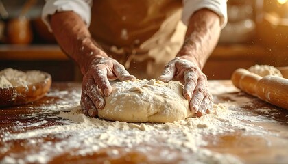 Man's hands kneading dough with flour on a wooden surface