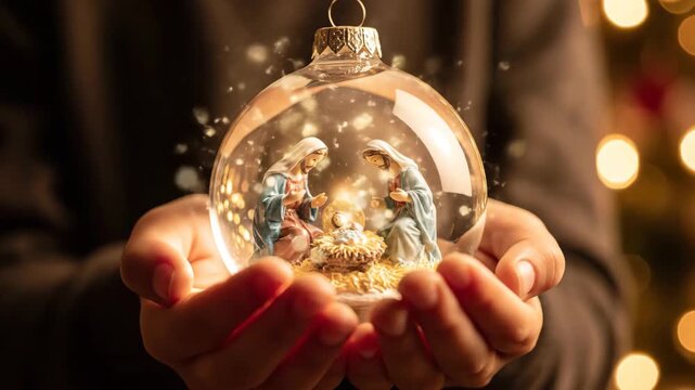 christmas nativity scene in glass christmas ball hands holding snow globe nativity gently over warm lights, protective gesture framing miniature holy family with floating snow and golden bokeh.