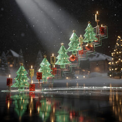 Futuristic 3D Christmas-themed stock market scene with glowing red and green elements, snowfall, holographic light, and cinematic winter atmosphere. AI Generated.