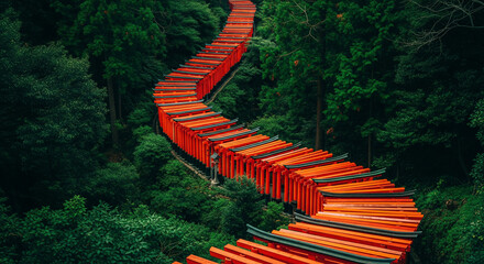 Winding Red Torii Gates Path Through Lush Green Forest in Japan