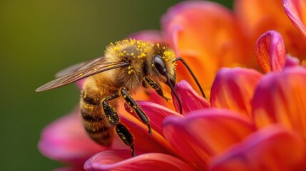 Honeybee collecting nectar from a vibrant orange and pink flower