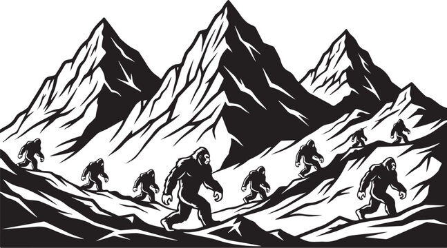 Bigfoot Family Mountain Scene Silhouette &ndash; Sasquatch Forest Adventure Art
