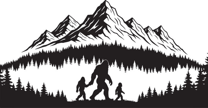 Bigfoot Family Mountain Scene Silhouette &ndash; Sasquatch Forest Adventure Art