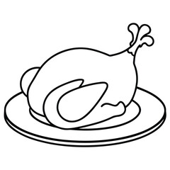 Line art drawing of a whole roasted chicken on a plate