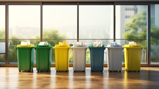 Colorful bins for proper waste separation indoors.