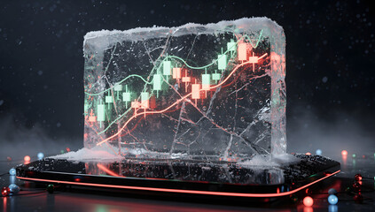 Futuristic 3D Christmas-themed stock market scene with glowing red and green elements, snowfall, holographic light, and cinematic winter atmosphere. AI Generated.