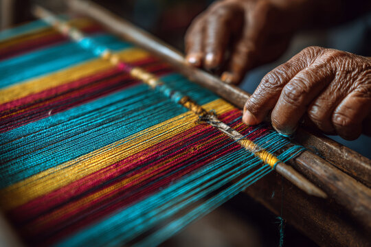 Close-up of older artisan hands weaving a colorful textile on a traditional loom