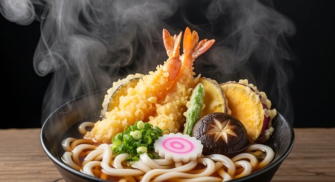 Steaming hot bowl of udon noodles topped with crispy shrimp and vegetable tempura and shiitake mushroom - Powered by Adobe