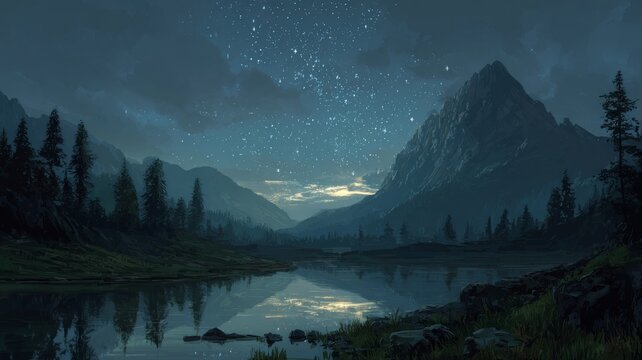 Starry night landscape with calm mountain lake reflecting rugged peaks under clear sky filled with bright stars creating serene wilderness scenery