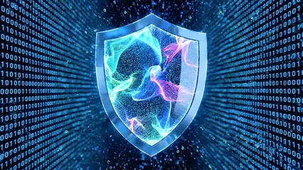 Glowing digital shield hovers amid neon code streams symbolize cyber security and sturdy resilience - Powered by Adobe
