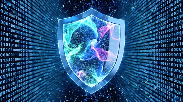 Glowing digital shield hovers amid neon code streams symbolize cyber security and sturdy resilience