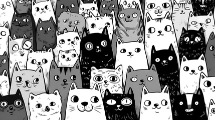 A charming black and white illustration depicting a dense crowd of various cats with unique expressions, creating a whimsical and playful artistic pattern
