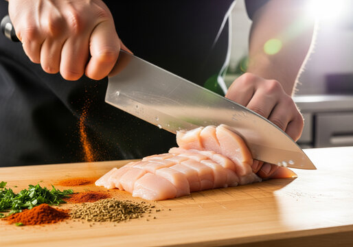 Hands dicing raw chicken breast on wooden board with chef's knife, spices falling for cooking. - Powered by Adobe