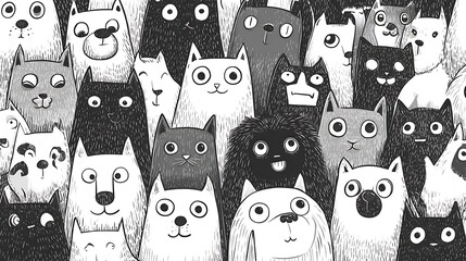 An artistic monochrome drawing showcasing a crowd of unique and expressive cartoon pets, including cats and dogs, in a playful, detailed pattern