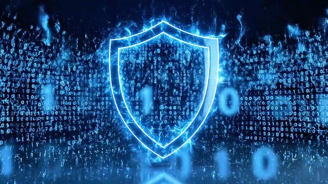Blue digital shield glows amid cascading binary codes, holographic data fortress against cyberspace