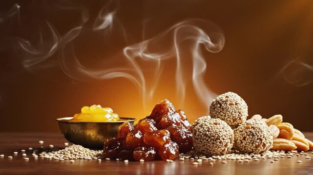 Maghe Sankranti food offerings ghee, chaaku, til ladoo arranged neatly