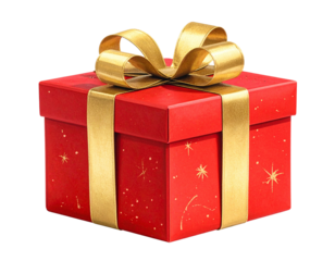 Red gift box with golden ribbon and bow isolated on transparent background