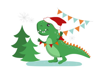 A cute dinosaur holding a festive garland. Vector flat illustration