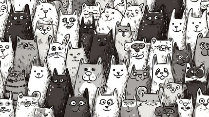 A charming and intricate seamless pattern featuring a large group of diverse cartoon cats in black, white, and grey tones, creating a playful background