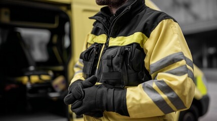 A paramedic in a yellow and black uniform prepares for action, surrounded by an ambulance backdrop. The scene reflects urgency and readiness, emphasizing lifesaving efforts