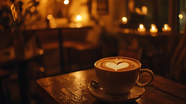 A latte with a heart shaped foam served in a romantic cafe