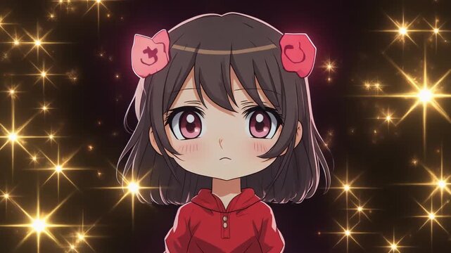 Cute Anime Girl with Bows and Sparkling Background.