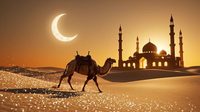ramadhan camel banner video, single camel walking toward glowing mosque silhouette, crescent moon above