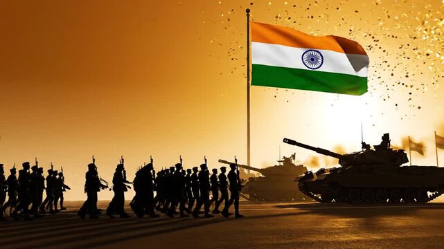 Republic Day banner video, silhouette of Republic Day parade marching soldiers and tanks in slow subtle motion, Indian flag waving above
