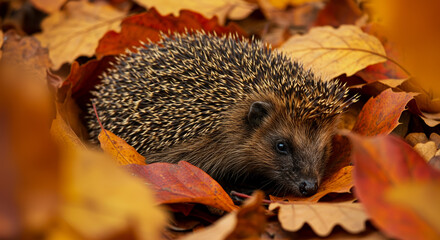 A small hedgehog nestled amongst vibrant autumn leaves, showcasing the beauty of fall wildlife and nature's changing seasons