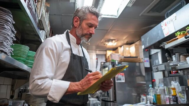 Focused Professional Chef with Clipboard in Busy Commercial Kitchen. Mature man in uniform diligently checking inventory, managing supplies, or reviewing orders in a restaurant setting.