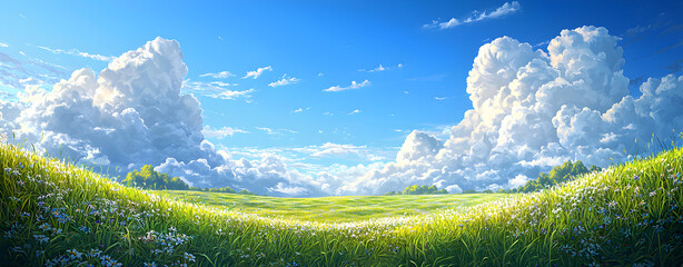 Fototapeta premium Wide-Format Summer Meadow Landscape Featuring Rolling Grass, Fluffy Wind-Swept Clouds, and Clear Bright Blue Sky