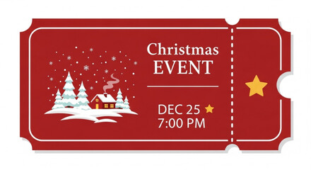 Festive red christmas event ticket template with snowy winter scene, cabin, pine tree, and star detail for holiday celebration invitation or flyer design