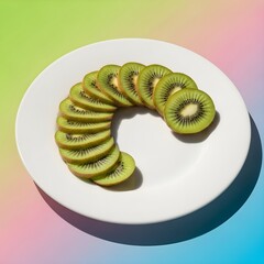Slices of fresh kiwi fruit arranged in a curve on a white plate