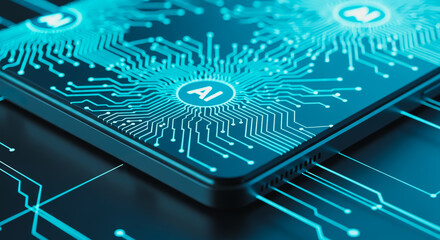 An eye-level view, artificial intelligence on a printed circuit board. Capturing the digital intelligence and technological advancements.