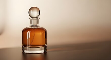 Elegant glass perfume bottle with amber liquid on dark surface