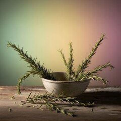 Fresh rosemary sprigs arranged in a rustic bowl on wood