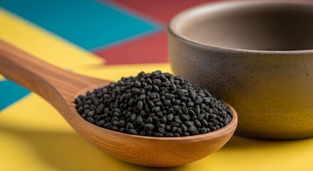 Black cumin seeds on a wooden spoon next to a small bowl
