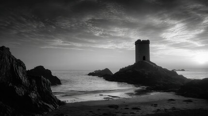A coastal tower rises from the rocks silhouetted against a twilight sky filled with clouds. The calm waters reflect the fading light creating a serene atmosphere by the shore.