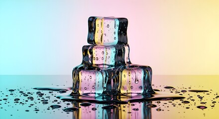 Stack of melting ice cubes with colorful neon light reflection