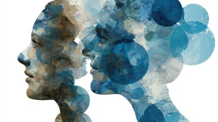 This artwork showcases two human profiles artistically intertwined with abstract shapes and shades of blue symbolizing connection and duality in human experience.