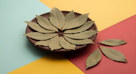 Dried bay leaves arranged in a bowl on a colorful background