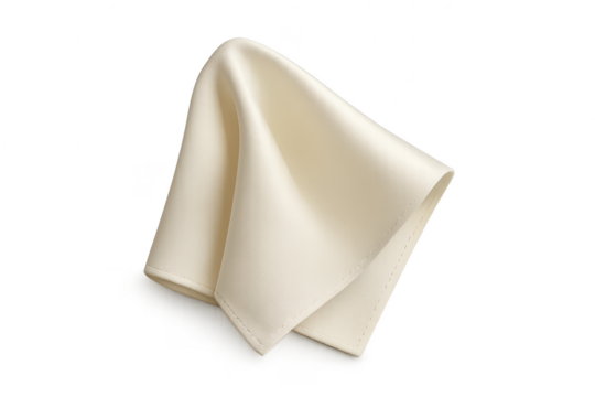 Elegant folded ivory napkin isolated on transparent background, soft fabric