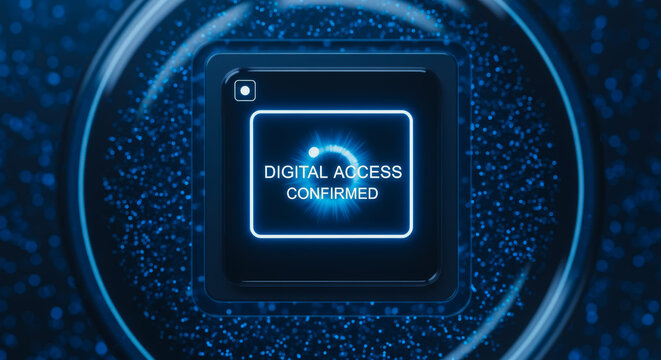 A close-up view of a futuristic digital microchip, showcasing an illuminated Digital Access Confirmed message. This conceptual image portrays secure data access and technology.