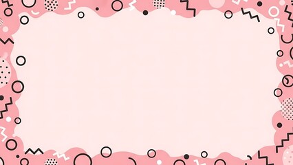 Abstract Memphis style background with geometric shapes on a pastel pink wavy border, a modern and playful design concept for web banners or presentations