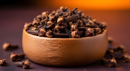 A closeup of whole dried cloves piled high in a small wooden bowl