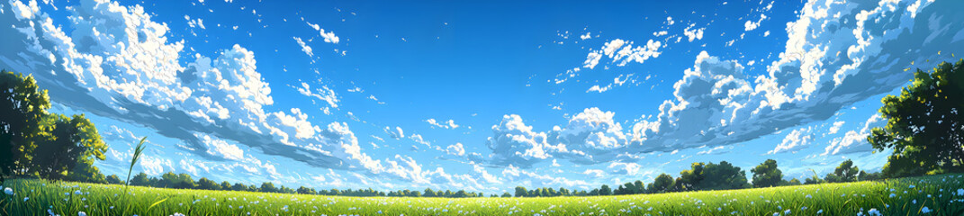 Obraz premium Expansive Green Grassy Fields Under Summer Blue Sky with Soft Fluffy White Clouds Gently Blown by Wind in Wide Panoramic Format
