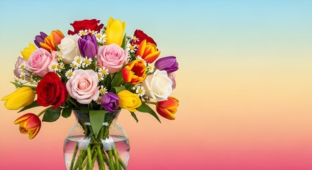 Colorful bouquet of fresh spring flower arrangement in glass vase